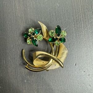 Vintage Arthur Pepper Leaf Brooch Rhinestone Flower Signed ART 12k gold plated